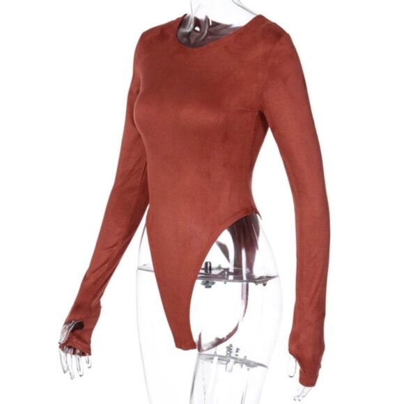 New Red Long Sleeve Thong Back High Cut Leg Bodysuit - Picture 5 of 6